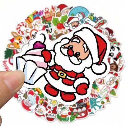 Tachimi 50pcs Christmas Theme Mixed Paper Stickers, Playful Cartoon Style, Bright Christmas Tree Candy Sleigh Patterns, Asymmetrical Die-Cut Shapes, Clear Pattern Details, Self-Adhesive Decorative Stickers, Suitable For Photo Albums, Luggage, Winter Holiday Celebrations