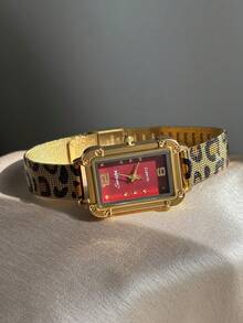 1pc Fashionable Gold Women's Quartz Watch, Rectangular Red Dial, Mixed Hour Markers, Suitable For Daily Wear And Party - Gold - View 3