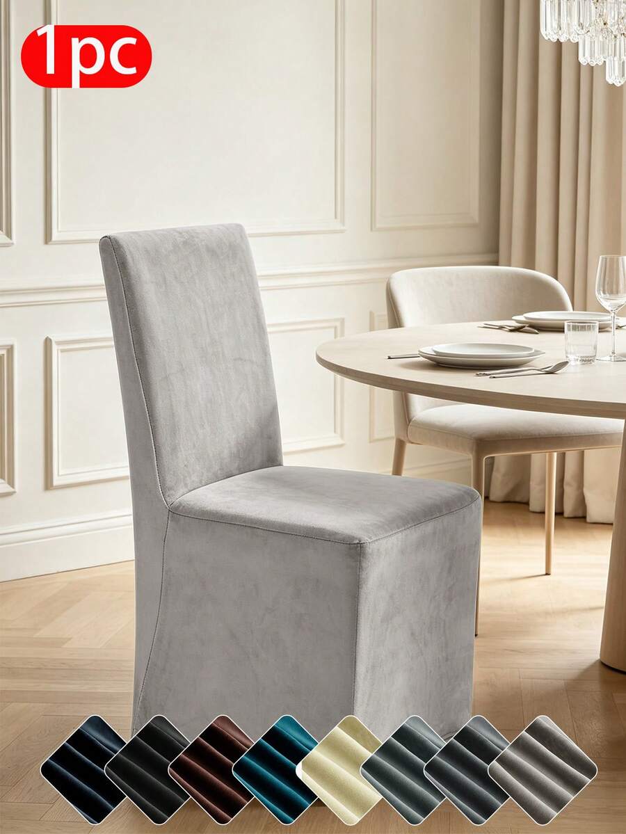 1pc Minimalist Silver Fox Velvet Dining Chair Cover, Full Coverage Universal Non-Slip Elastic Chair Slipcover Protector For Home, Banquet, Wedding, Party, Home Decor And Room Decoration - Multicolor - View 1