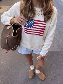 LUBI Women's Spring Autumn Winter American Flag Pattern Long Sleeve Pullover Sweater, American Vintage Knit Casual Daily Wear White Fall - White - View 1