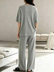 2pcs/Set Women's Pajamas Loungewear Set, Cute Puppy Pattern Simple Pullover Round Neck Short Sleeve Long Pants, Easy Care Fabric - Grey - View 2