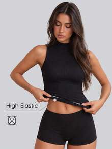 Women's Black Round Neck Slim Fit Seamless Elastic Ribbed Tank Top, Autumn Outfit - Black - View 5