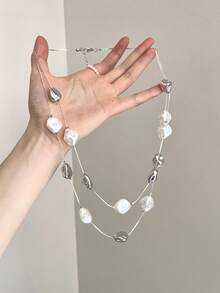 1pc Asymmetrical Baroque Faux Pearl Necklace, Long Sweater Chain Style, High-End Layering Versatile Neck Chain For Women (Random Tail Chain) - Multicolor - View 4