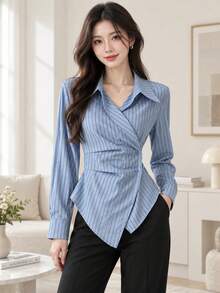 YUXIN Women's Blue Striped Wrap Shirt Collared Asymmetric Button Front Self Tie Back Fitted Elegant Top For Office Date Dinner Fall Daily Wear - Blue Bar - View 3