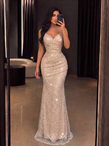Women's Shiny Sequin Mermaid Evening Gown, Strapless Fitted Waist Long Dress, Suitable For Prom And Formal Occasions - Apricot - View 4