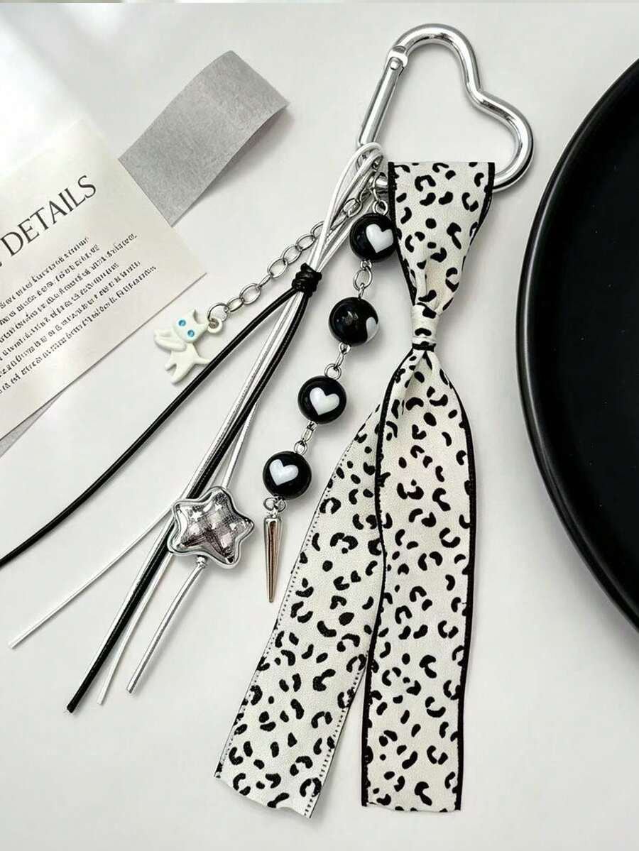 Korean Cool Style Black White Leopard Print Keychain, White Cat Tassel Beaded Bag Charm - Multicolor - View 1
