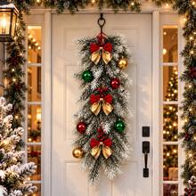 1 Set Of Artificial Pine Hanging Decorations (10-Piece Set): Features Red, Gold, And Green Decorative Baubles And Bows; Includes Faux Cedar Needle Foliage Adorned With Ornaments And Red Bows-Suitable For Decorating Home Porches And Entryways. - Multicolor - View 2