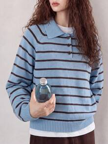 Women's Autumn/Winter Fashion Casual Minimalist Striped Collared Pullover Sweater - Light Blue - View 1