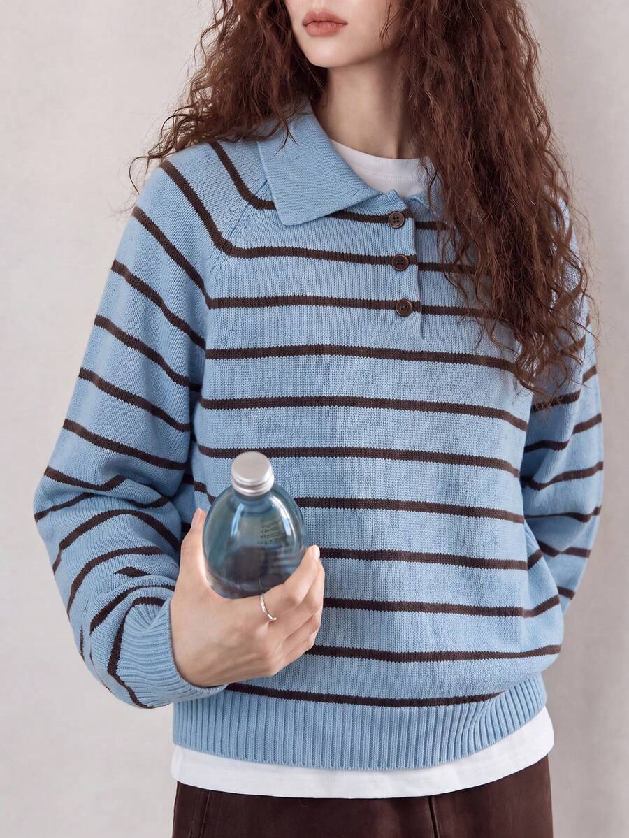 Women's Autumn/Winter Fashion Casual Minimalist Striped Collared Pullover Sweater - Light Blue - View 1