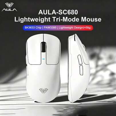 AULA SC680 Tri-Mode Wireless Gaming Mouse, PAW3395 Sensor, 58g Lightweight, 1000Hz Polling Rate, Programmable Buttons, Suitable For PC Laptop Gaming And Office