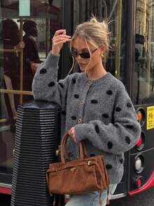 Cardigan Rajut Polkadot Leher Bulat Wanita, Sweater Kancing Nyaman, Cocok untuk Pakaian Musim Gugur/Musim Dingin, Thanksgiving, Halloween, Natal - Grey - View 4