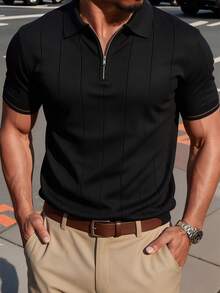 ALTZTAR Men's Summer Half-Zip Polo Collar Ribbed Solid Color Short Sleeve Knit Sweater - Black - View 1