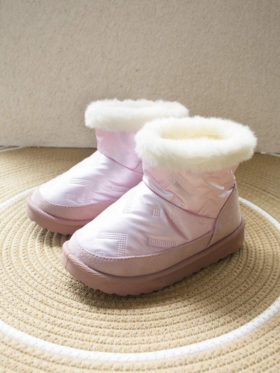1 Pair Girls' Pink Fashionable Cute High-Top Flat Suede Thermal Lined Snow Boots Suitable For Winter Daily Wear - Pink - View 1