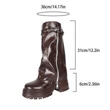 Women's Round Toe Thick Sole Metal Buckle Decor Slip-On Mid-Calf Boots, Fashionable Premium Autumn/Winter Glossy Textured Leg Boots - Brown - View 10