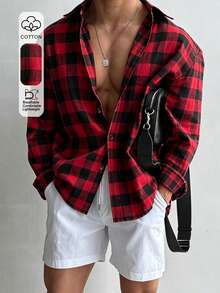 Cotton Plaid Business Casual Shirt (Red Holiday Color/Christmas Color) - Red - View 2