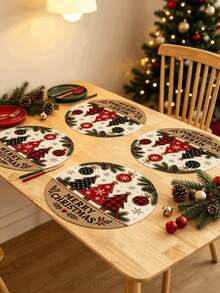 1/2/4pcs Christmas Placemats, Christmas Tree, Christmas Ball And Pine Cone Elements, Round Design, Linen Material, Suitable For Christmas Decoration, Family Gathering Party, Table Decor, Holiday Decor, Indoor Decor. - Multiple Styles - View 10