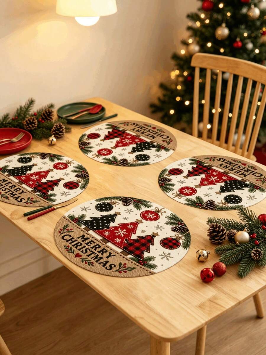 1/2/4pcs Christmas Placemats, Christmas Tree, Christmas Ball And Pine Cone Elements, Round Design, Linen Material, Suitable For Christmas Decoration, Family Gathering Party, Table Decor, Holiday Decor, Indoor Decor. - Multiple Styles - View 1