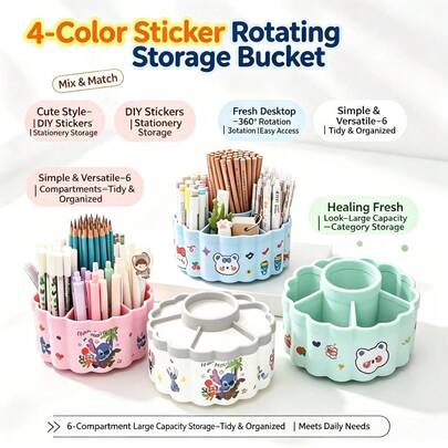 DOWMOO 360° Rotatable Pen Holder, DIY Sticker Decor Desktop Pencil Organizer For Student Stationery Storage