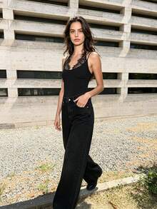 THREADLY Summer New Women's Fashion Sexy Contrast Lace Halter Bodysuit Elegant Black - Black - View 3