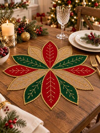 1/4/6pcs Christmas Linen Placemats, Red Green Gold Leaf Shaped Table Mats With Embroidered Branch Pattern, Festive Poinsettia Style Dining Mats For Kitchen Table, Christmas Dinner, Holiday Party, Winter Home Decor
