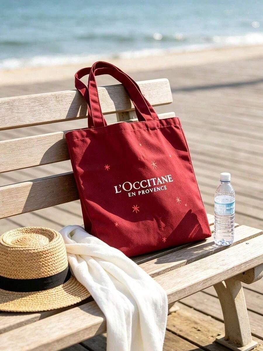 L'Occitane Red Canvas Tote Bag Double Sided Print Star Pattern Large Capacity Shoulder Handbag Casual Commute Beach Shopping Cosmetic Storage Gift Bag For Women - Red - View 1