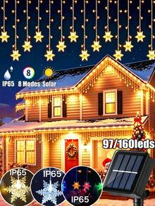 5.5M/9M Solar Ice Column Snowflake String Light, 97LED/160LED, 8 Flashing Modes, Outdoor Waterproof Fairy Light, Solar Curtain Light, Suitable For Gardens,Eaves,Weddings,Camping,Autumn,Home,Parties,Windows,Pavilions,Walls,Christmas,Holiday Decoration - Solar Powered Ice Column Snowflake Lamp - View 2