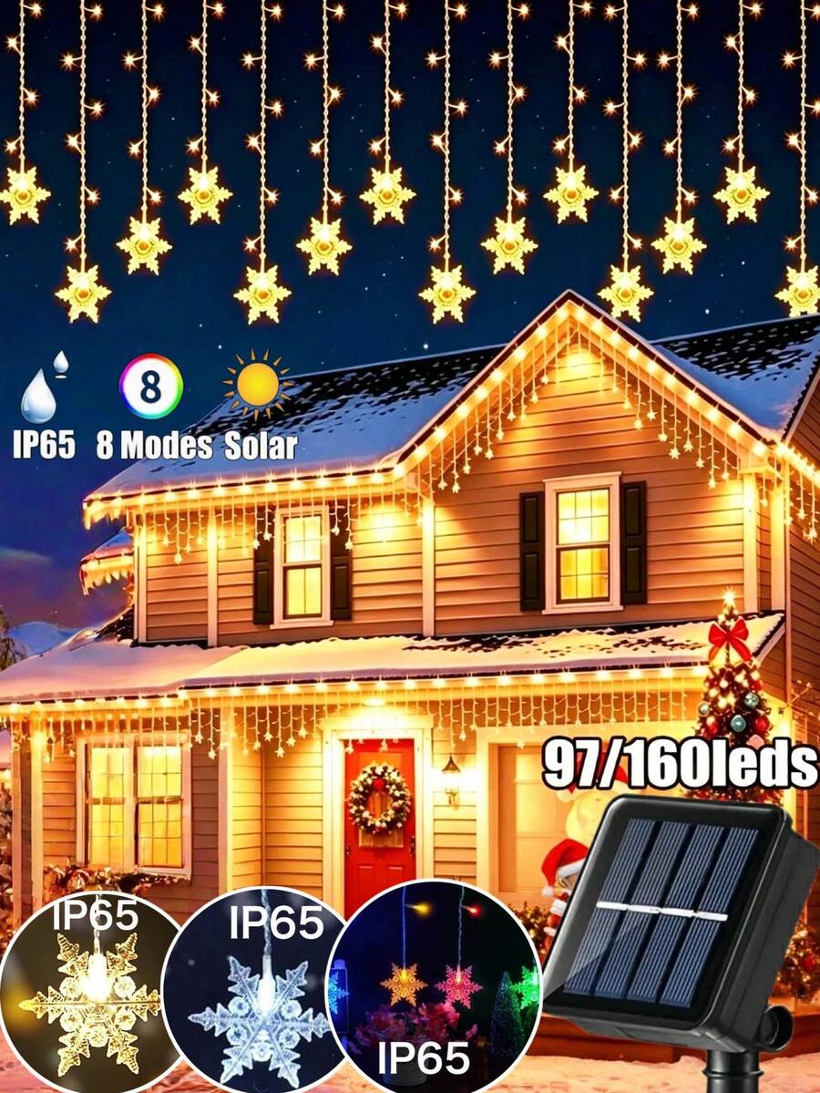5.5M/9M Solar Ice Column Snowflake String Light, 97LED/160LED, 8 Flashing Modes, Outdoor Waterproof Fairy Light, Solar Curtain Light, Suitable For Gardens,Eaves,Weddings,Camping,Autumn,Home,Parties,Windows,Pavilions,Walls,Christmas,Holiday Decoration