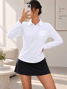 Women's Long Sleeve Polo Shirt Classic Collar Button Front Pocket Casual Top - White - View 9