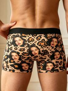 Men's Customized Boxer Briefs, Brown Leopard Print Base With Personalized Female Face Print, Paired With Solid Black Waistband - Multicolor - View 3