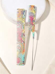 2 Buah Sisir Potong Rambut Motif Paisley Warna-warni, Sisir Ekor Tikus Profesional untuk Penataan Rambut di Salon, Membagi dan Mengiris Rambut - MultiWarna - View 2