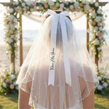Personalised Silk Wedding Ribbon, Wedding Chiffon Ribbon Name Tag, Ribbon Placecard For Wedding, Bridal Shower Personalised Bow Bridesmaid Gift Patchwork Batting, Cotton Interlining, DIY Crafts Fabric, Sewing Accessories, Quilting Material, Adhesive - Multi-color - Veil - View 3
