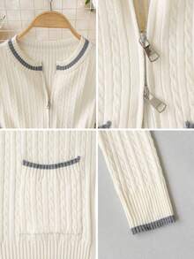 Korean Style Sweet Contrast Color Bow-Knit Cardigan Women's Long Sleeve Slim Fit Short Sweater Top, Suitable For Autumn/Winter Vacation, Back To School Season, Casual Wear - Apricot - View 8