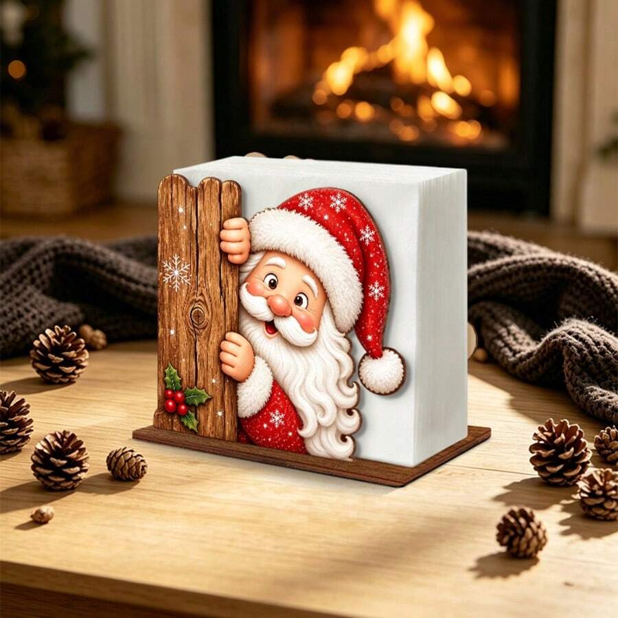 1pc Peeking Santa Wooden Napkin Holder & Tissue Box - Hidden Santa With Snowflake And Holly Berry Table Centerpiece, Movable Desktop Storage Box, Suitable For Home Kitchen, Christmas Party Decoration, Desktop Tissue Holder, Christmas Decor, Home Decor - Multicolor - View 1