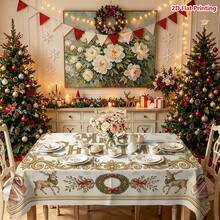 1pc Vintage Christmas Themed Tablecloth, Featuring Santa Claus, Reindeer, Wreath, Red Ribbon, Snowflake And Gold Scrollwork Border, With "Merry Christmas" Text In The Center, Suitable For Dining Table Decor, Kitchen Countertop Decoration, Picnic Camping Mat, Party Scene Creation, Farmhouse Style Accent And Holiday Tabletop Beautification. - Multicolor - View 12