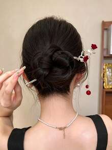 1pc Red Rose Tassel Hair Stick, Elegant Hair Accessory Tool, Suitable For New Chinese Style, Hanfu, Party, Date And Daily Commute - Multicolor - View 3