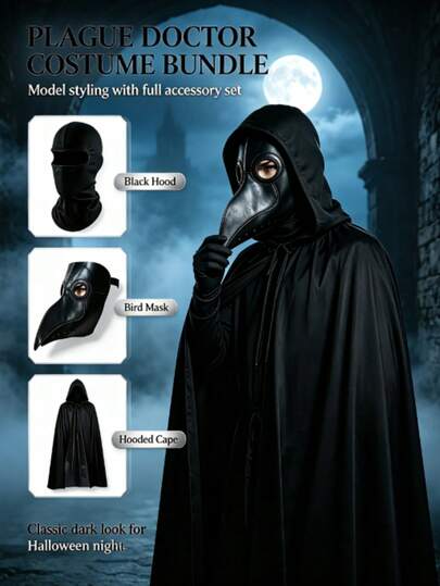 3 pezzi Mantello medievale extra lungo Maschera da medico della peste a forma di uccello Copertura per il viso elastica e traspirante Costume di Ognissanti Stile gotico scuro Gioco di ruolo Abito da medico degli uccelli