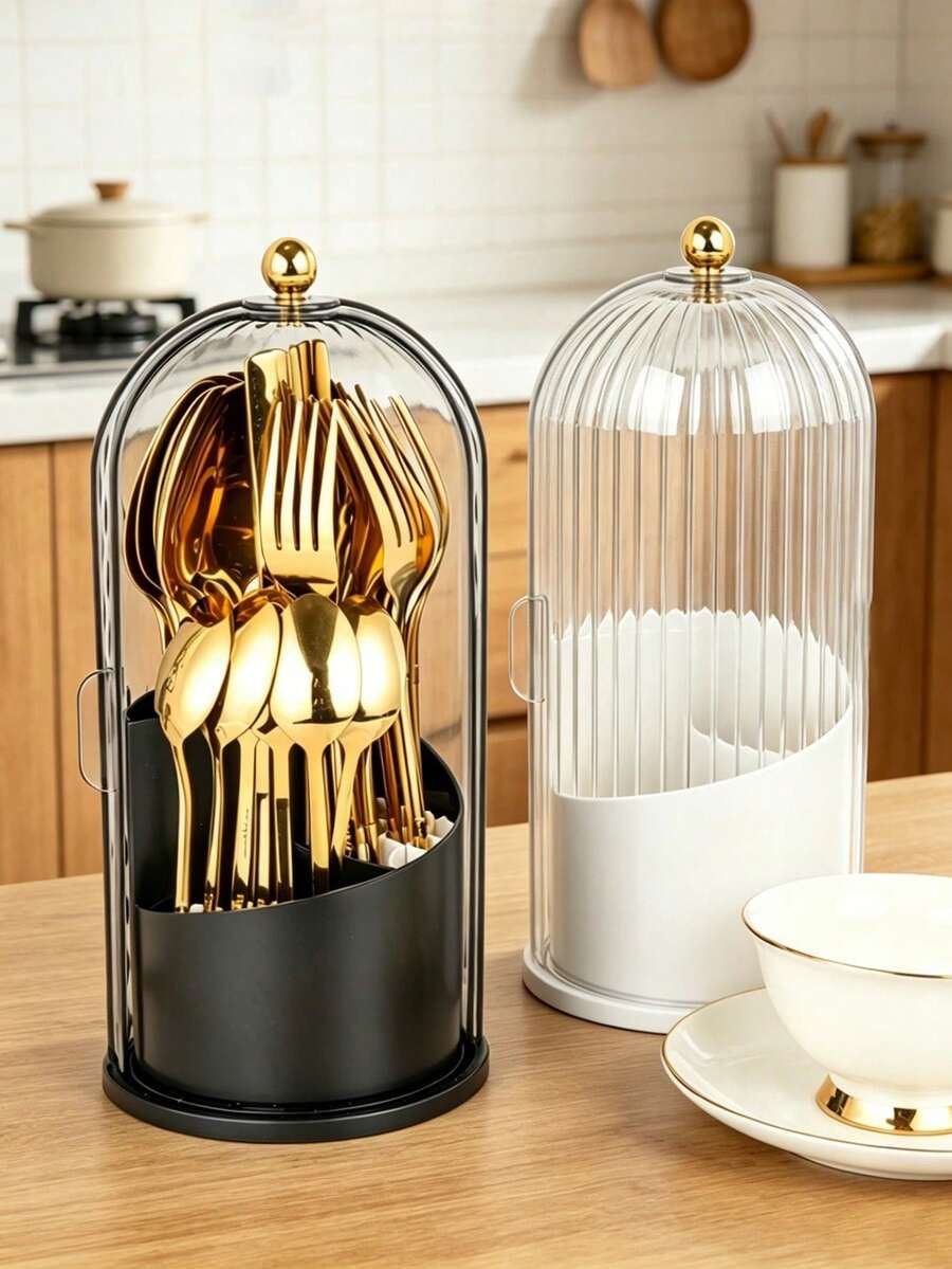 2/1pc Set Tableware Storage Box, Kitchen Storage Container, Dust-Proof Rotating Storage Bin, Transparent And Elegant Design With Drainage Holes, Suitable For Holiday Gifts, Party Gatherings And Banquet Decoration - View 1