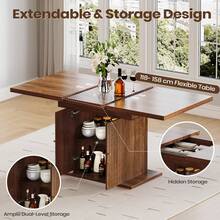 Extendable Dining Table And Chairs Set Of 6, Rectangular Dining Table With Storage Rack And Padded Chairs, Durable Dining Furniture Set Suitable For Dining Room And Kitchen - Brown Table + Black Linen Chair - View 3