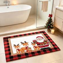 1pc Soft Faux Cashmere Material Floor Mat, Christmas Cartoon Santa Claus & Reindeer Pattern, Plaid Decor Non-Slip Mat, Suitable For Kitchen, Bathroom, Entrance, Bedroom Door, Multi-Scene Use Anti-Slip Floor Mat, Room Decor, Holiday Gift - Multicolor - View 3