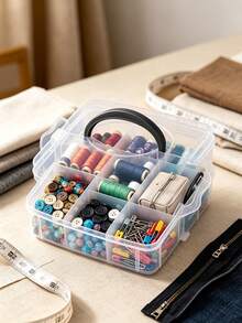1pc Multi-Layer Divided Transparent Plastic Storage Box With Handle, Thickened Transparent Material, Multi-Compartment Classification Storage, Flip Lid With Snap Seal Dust-Proof, Stackable Space-Saving Design, Portable Handle For Easy Movement, Suitable For Storing Hair Ties, Hair Clips, Jewelry, Cosmetics, Handmade Beads Accessories, Ideal For Vanity, Desk, Bedroom Use, Multi-Functional Home Storage Box, Desktop Organizer, Beauty Accessories Classification Storage Box, Handmade Small Items Storage Box, Home Desktop Tidy Storage Solution - Clear - View 6