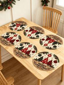 1/2/4pcs Christmas Placemats, Christmas Tree, Christmas Ball And Pine Cone Elements, Round Design, Linen Material, Suitable For Christmas Decoration, Family Gathering Party, Table Decor, Holiday Decor, Indoor Decor. - Multiple Styles - View 7