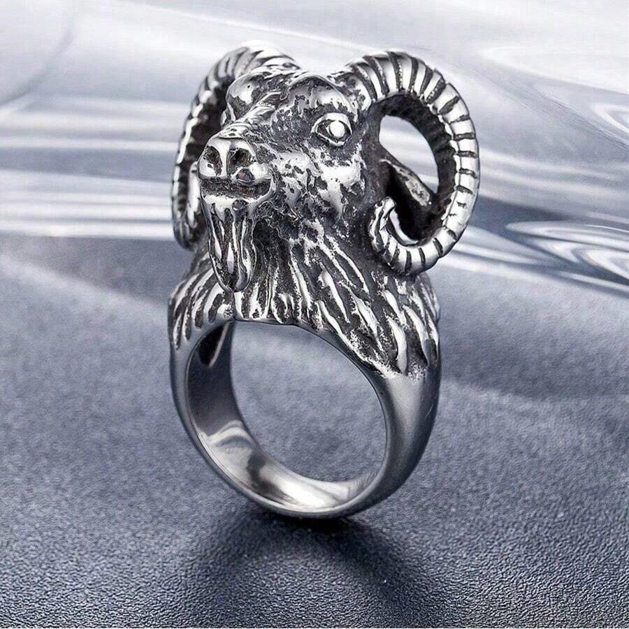 1pc US Size European & American Hot Selling Ram Head Stainless Steel Ring Fashion Men's Jewelry Accessory Suitable For Dad, Colleague, Boyfriend - Black - View 1