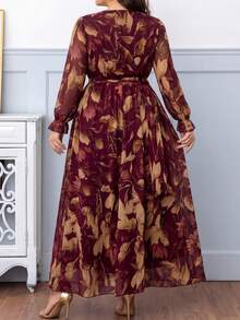 DEARCASE Plus Size Women Floral Print V-Neck Long Sleeve Dress Elegant Vacation - Burgundy - View 2
