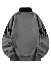 Men's New Half-Zip Letter Print Stand Collar Sweatshirt, Colorblock Fashionable Men's Sweatshirt - Dark Grey - View 2