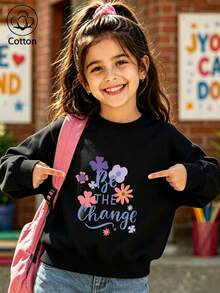 Girls' Cute Printed Drop-Shoulder Round-Neck Long-Sleeve Casual Sports Sweatshirt - Black - View 1
