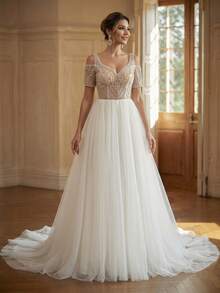 Ball Gown Evening Dress, Romantic Sheer Lace Applique Waist-Cinched Bodice Tulle Maxi Skirt, Lace-Up Back Design, Fairy-Style Formal Gown, Suitable For Weddings And Parties - White - View 4