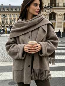Women's Winter Knitted Mid-Length Cardigan With Scarf, Long Sleeve Button Design, Warm High-Elastic Fabric, Suitable For Autumn Wear - Camel - View 2