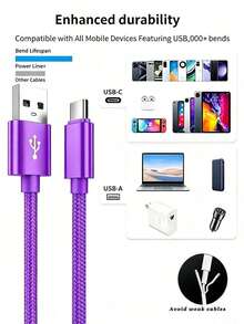 5pcs Fast Charging USB-A To Type-C Charging Cables, Nylon Braided Durable Phone Charging Cables, 1m Long, Compatible With Android Phones, And Other Type-C Devices, Suitable For Travel Essentials/Car Accessories/Desktop Accessories, Pink/Purple - Multicolor - View 3