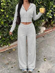 GLAMSKIN Women's Autumn Mixed Gray 2 Pieces Set, Zipper Hooded Ruched Top + High Waist Wide Leg Pants, Sporty Casual Loungewear Set - Light Gray - View 10