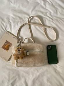 1件迷你女款手提包，時尚純色刺繡菱格斜挎包，適合放置卡夾與鑰匙 - 卡其色 - 查看 4